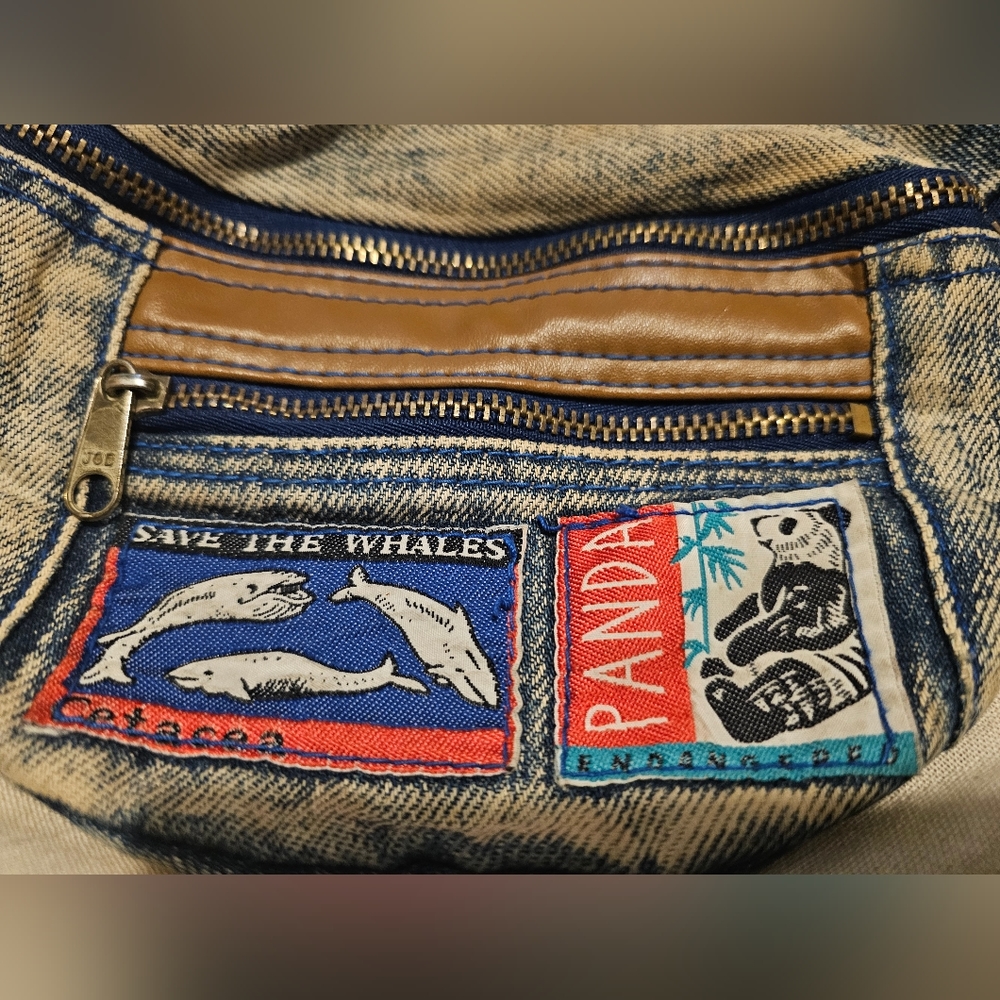 Vtg Distressed Acid Wash Denim Jean Fanny Pack Bag 80’s Retro Save The Whales